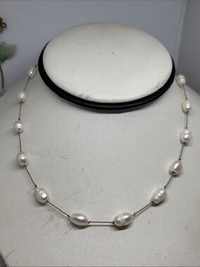 Elegant White rice shaped freshwater Pearl Tin Cup Necklace